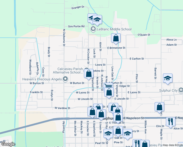 map of restaurants, bars, coffee shops, grocery stores, and more near 340 Park St in Sulphur