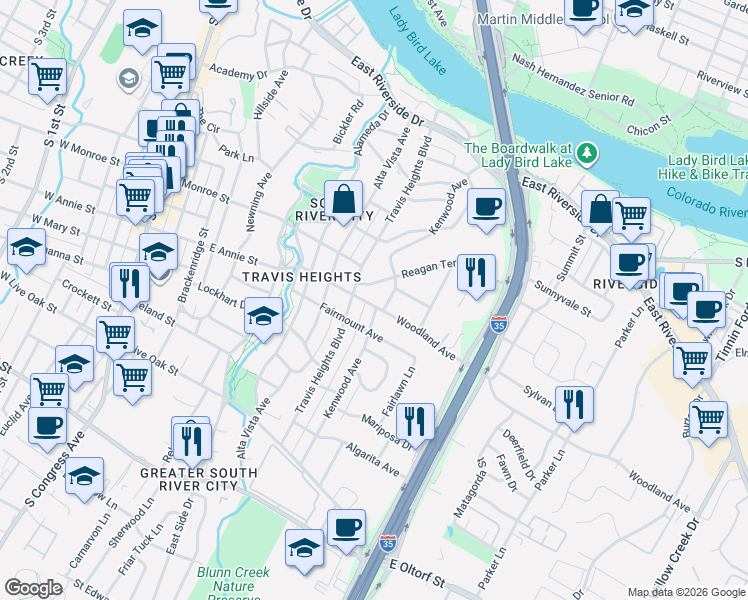 map of restaurants, bars, coffee shops, grocery stores, and more near 1702 Kenwood Avenue in Austin