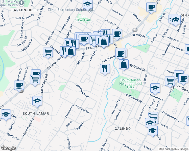 map of restaurants, bars, coffee shops, grocery stores, and more near 2509 Thornton Road in Austin