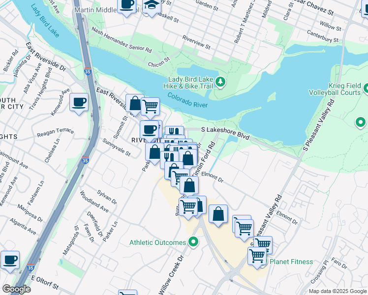 map of restaurants, bars, coffee shops, grocery stores, and more near 1337 Shore District Drive in Austin
