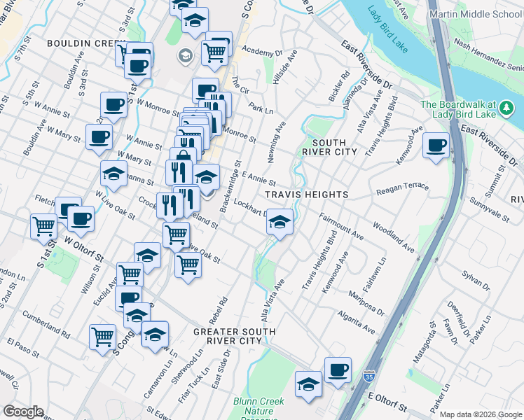 map of restaurants, bars, coffee shops, grocery stores, and more near 508 Lockhart Drive in Austin