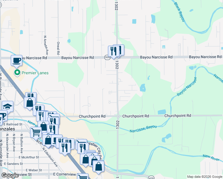 map of restaurants, bars, coffee shops, grocery stores, and more near 12123 Roddy Road in Gonzales