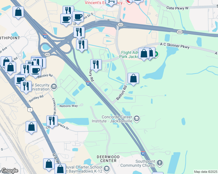 map of restaurants, bars, coffee shops, grocery stores, and more near 5210 Belfort Parkway in Jacksonville