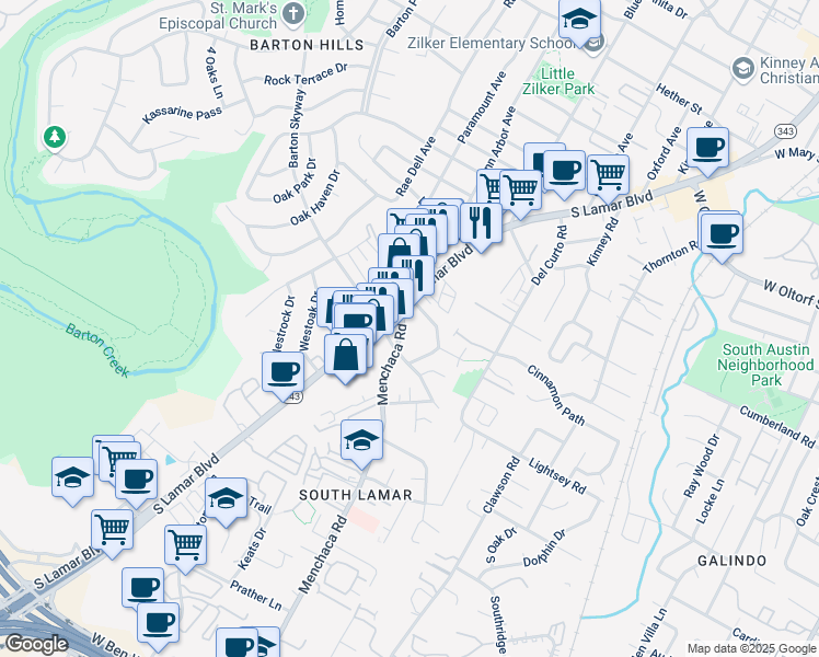 map of restaurants, bars, coffee shops, grocery stores, and more near 2717 South Lamar Boulevard in Austin