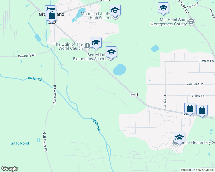 map of restaurants, bars, coffee shops, grocery stores, and more near 16492 Farm to Market Road 3083 in Conroe