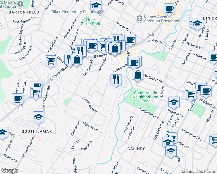 map of restaurants, bars, coffee shops, grocery stores, and more near 2501 Thornton Road in Austin