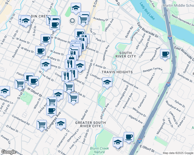 map of restaurants, bars, coffee shops, grocery stores, and more near Lockhart Drive in Austin