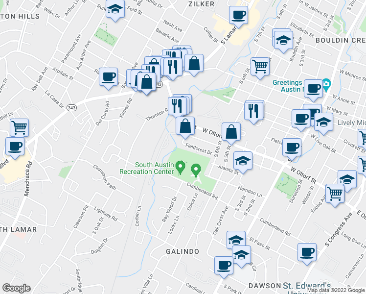 map of restaurants, bars, coffee shops, grocery stores, and more near 1211 Fieldcrest Drive in Austin