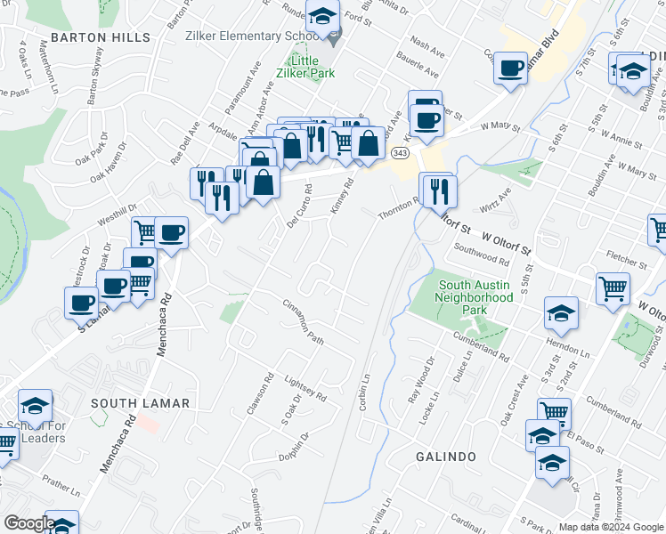 map of restaurants, bars, coffee shops, grocery stores, and more near 2817 Kinney Oaks Court in Austin