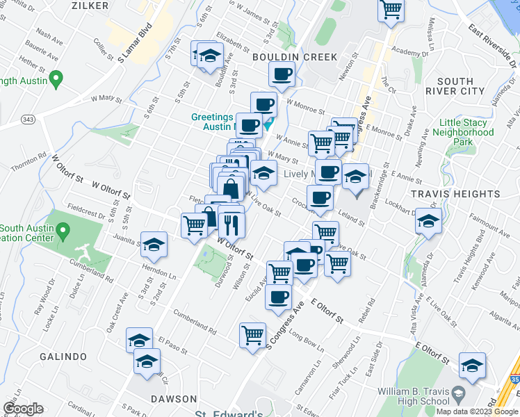 map of restaurants, bars, coffee shops, grocery stores, and more near 409 West Live Oak Street in Austin