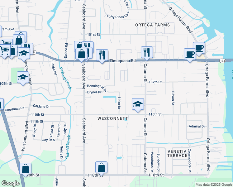 map of restaurants, bars, coffee shops, grocery stores, and more near 5518 Bennington Drive in Jacksonville
