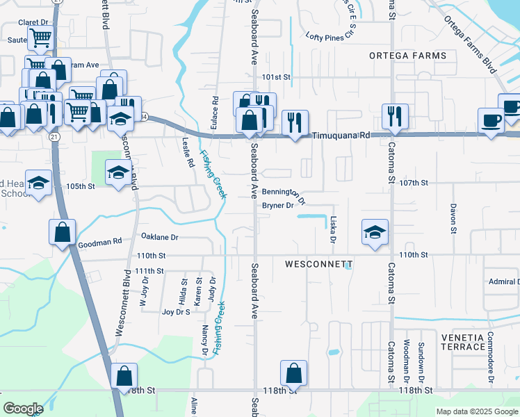 map of restaurants, bars, coffee shops, grocery stores, and more near 5672 Bryner Drive in Jacksonville