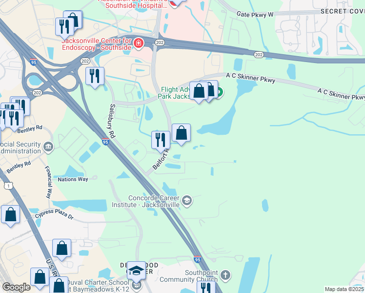 map of restaurants, bars, coffee shops, grocery stores, and more near 7751 Belfort Parkway in Jacksonville