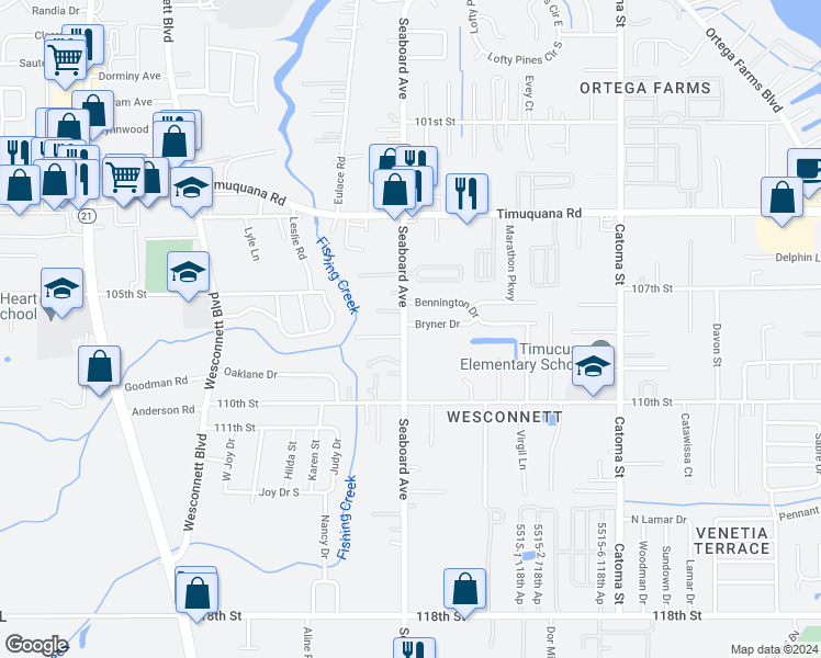 map of restaurants, bars, coffee shops, grocery stores, and more near 5674 Bryner Drive in Jacksonville