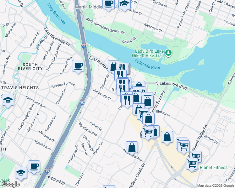 map of restaurants, bars, coffee shops, grocery stores, and more near 1301 Loma Drive in Austin