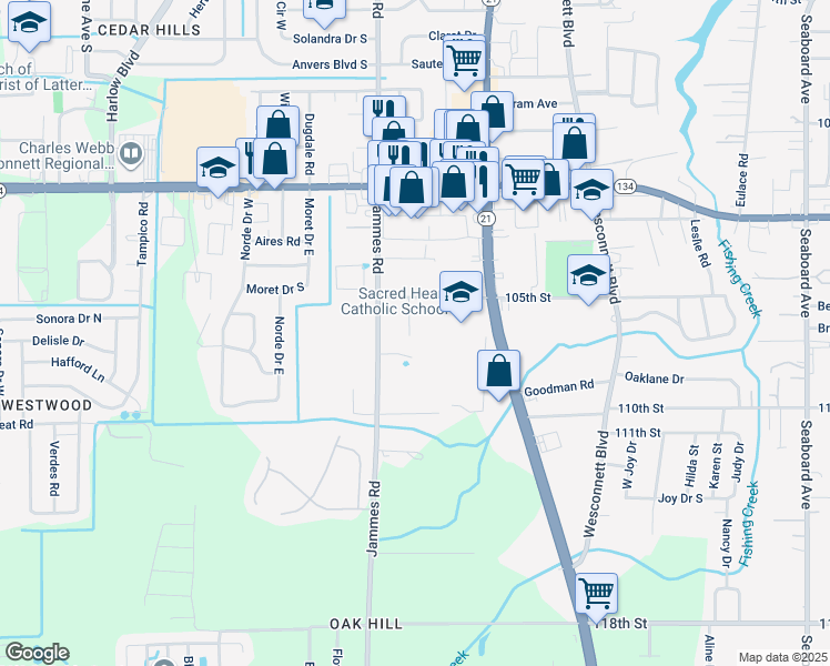 map of restaurants, bars, coffee shops, grocery stores, and more near 5833 Jammes Road in Jacksonville