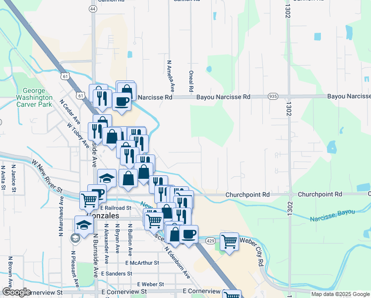 map of restaurants, bars, coffee shops, grocery stores, and more near 955 Huey Andrew Avenue in Gonzales