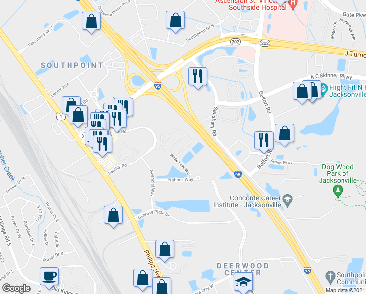 map of restaurants, bars, coffee shops, grocery stores, and more near 7067 Deer Lodge Circle in Jacksonville