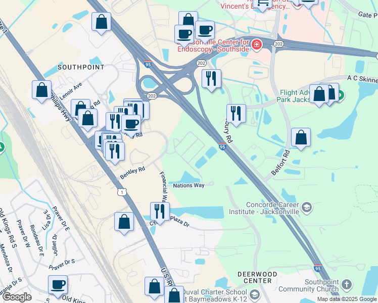 map of restaurants, bars, coffee shops, grocery stores, and more near 7067 Deer Lodge Circle in Jacksonville