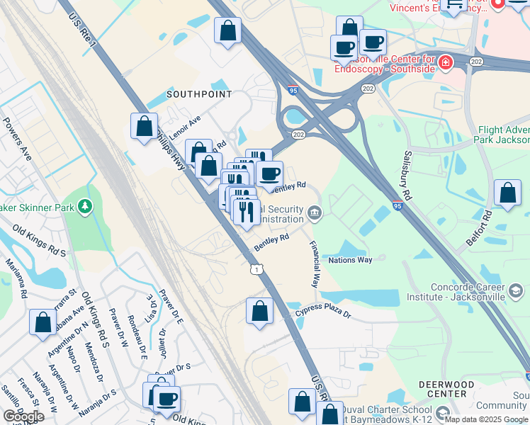 map of restaurants, bars, coffee shops, grocery stores, and more near 7226 Deerfoot Circle in Jacksonville