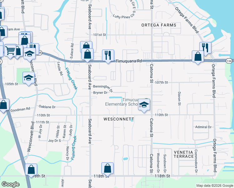 map of restaurants, bars, coffee shops, grocery stores, and more near 5564 Bennington Drive in Jacksonville
