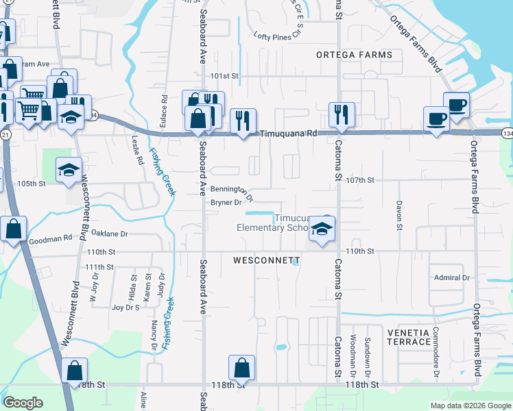 map of restaurants, bars, coffee shops, grocery stores, and more near 5564 Bennington Drive in Jacksonville