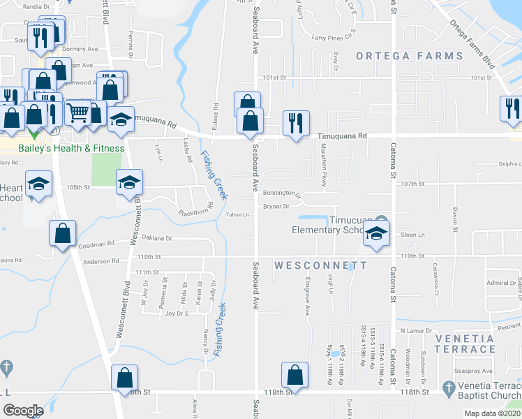 map of restaurants, bars, coffee shops, grocery stores, and more near 5829 Seaboard Avenue in Jacksonville