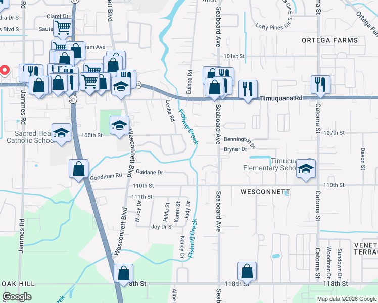 map of restaurants, bars, coffee shops, grocery stores, and more near 5756 Blackthorn Road in Jacksonville
