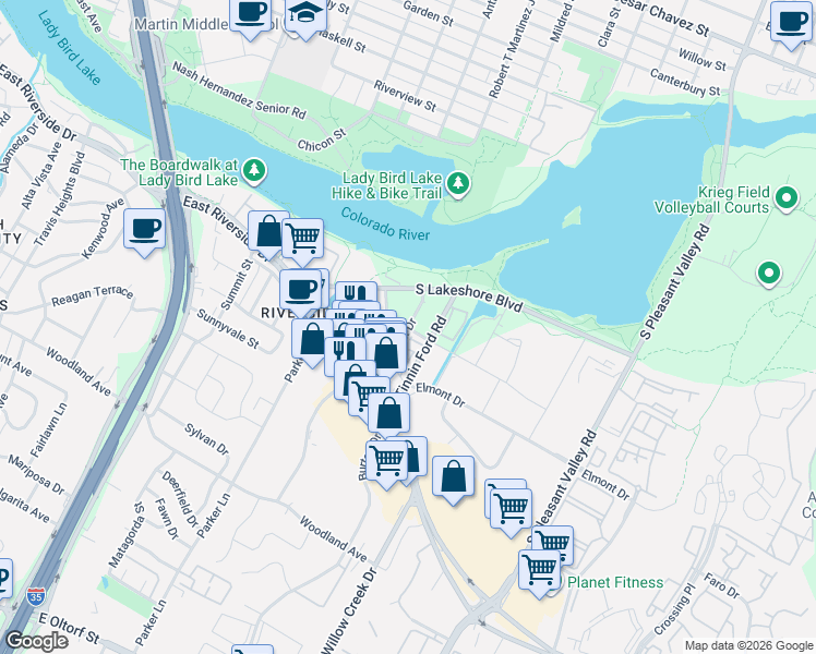 map of restaurants, bars, coffee shops, grocery stores, and more near 1333 Shore District Drive in Austin