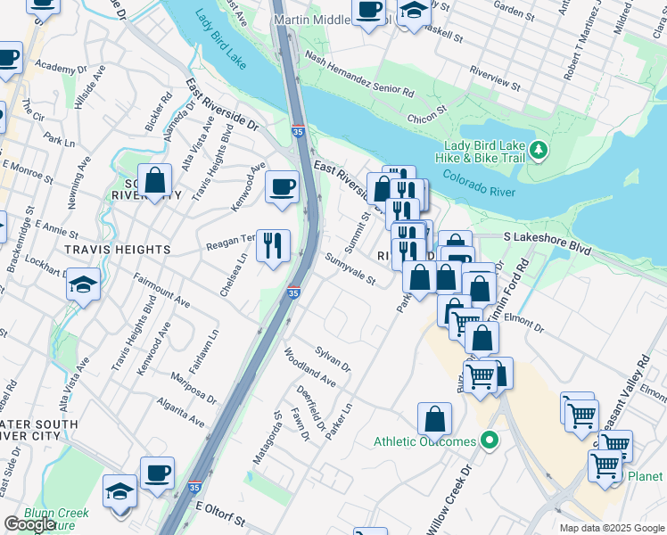 map of restaurants, bars, coffee shops, grocery stores, and more near 1600 Elmhurst Drive in Austin