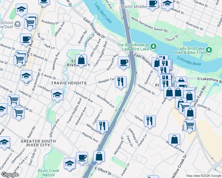 map of restaurants, bars, coffee shops, grocery stores, and more near 1523 Chelsea Lane in Austin