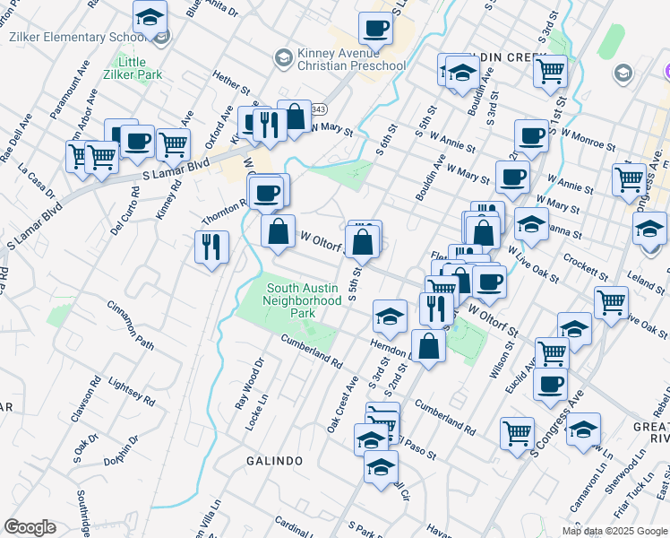 map of restaurants, bars, coffee shops, grocery stores, and more near 2413 South 6th Street in Austin