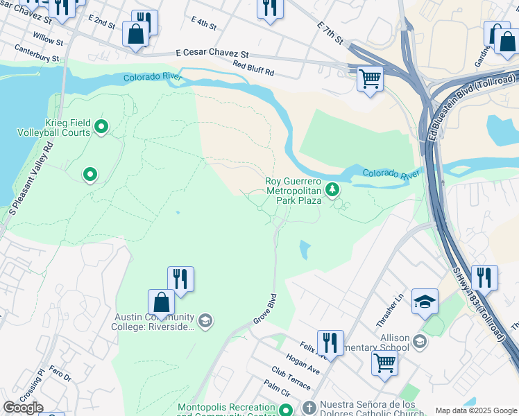 map of restaurants, bars, coffee shops, grocery stores, and more near 400 Grove Boulevard in Austin