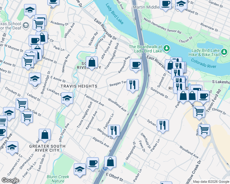 map of restaurants, bars, coffee shops, grocery stores, and more near 1108 Woodland Avenue in Austin