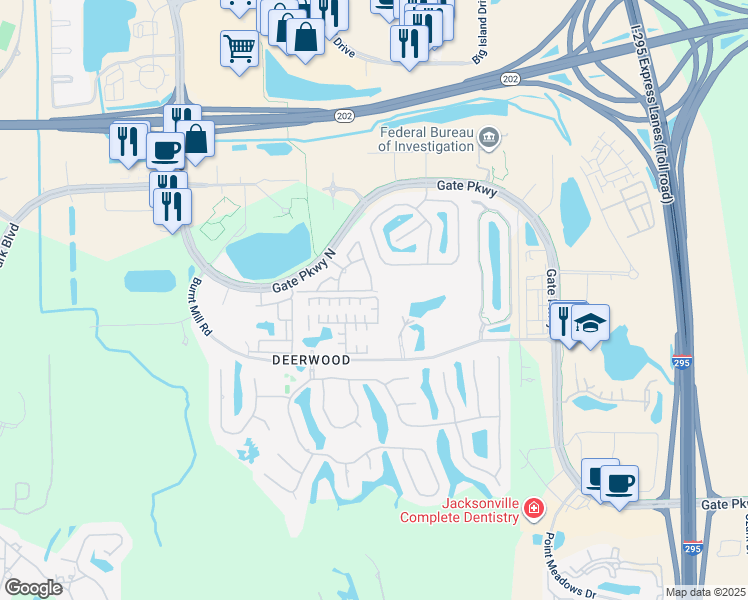 map of restaurants, bars, coffee shops, grocery stores, and more near 10901 Burnt Mill Road in Jacksonville