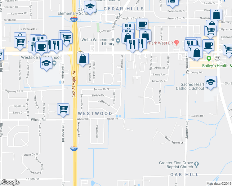 map of restaurants, bars, coffee shops, grocery stores, and more near 5761 Colima Place in Jacksonville