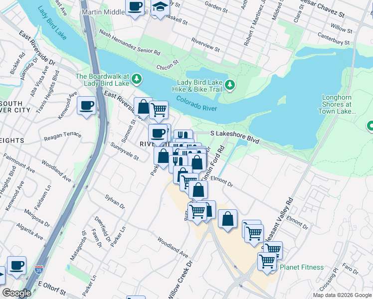 map of restaurants, bars, coffee shops, grocery stores, and more near 1908 East Riverside Drive in Austin