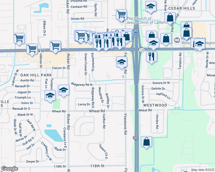 map of restaurants, bars, coffee shops, grocery stores, and more near 5805 Buckley Drive in Jacksonville