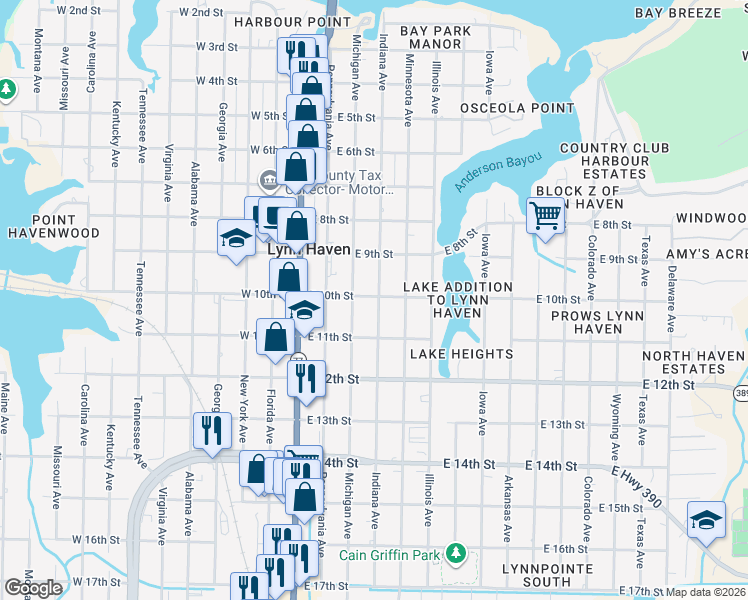 map of restaurants, bars, coffee shops, grocery stores, and more near 1002 Indiana Avenue in Lynn Haven