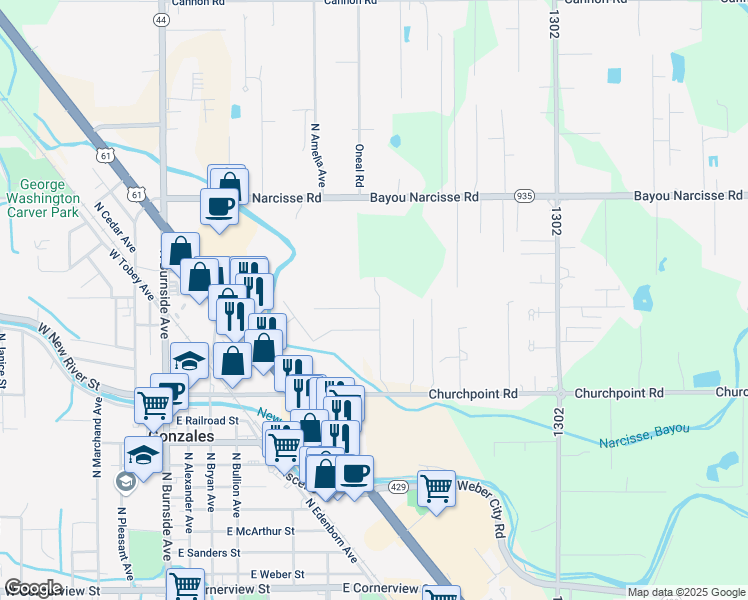 map of restaurants, bars, coffee shops, grocery stores, and more near 1027 Huey Andrew Avenue in Gonzales