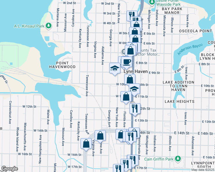 map of restaurants, bars, coffee shops, grocery stores, and more near 1002 Georgia Avenue in Lynn Haven