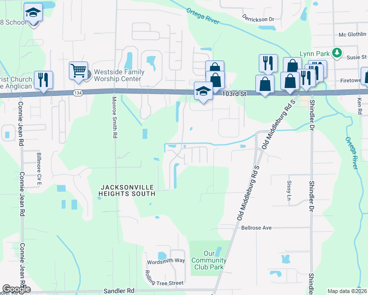 map of restaurants, bars, coffee shops, grocery stores, and more near 9380 103rd Street in Jacksonville