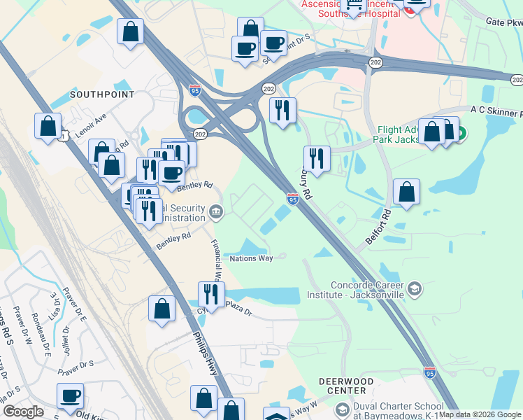 map of restaurants, bars, coffee shops, grocery stores, and more near 7064 Deer Lodge Circle in Jacksonville