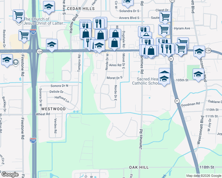 map of restaurants, bars, coffee shops, grocery stores, and more near 5810 South Norde Drive in Jacksonville