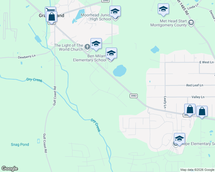 map of restaurants, bars, coffee shops, grocery stores, and more near 16492 Farm to Market Road 3083 in Conroe