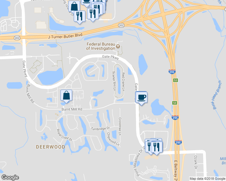 map of restaurants, bars, coffee shops, grocery stores, and more near 7566 Scarlet Ibis Lane in Jacksonville