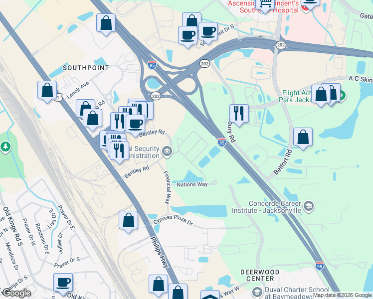 map of restaurants, bars, coffee shops, grocery stores, and more near 8200 White Falls Boulevard in Jacksonville