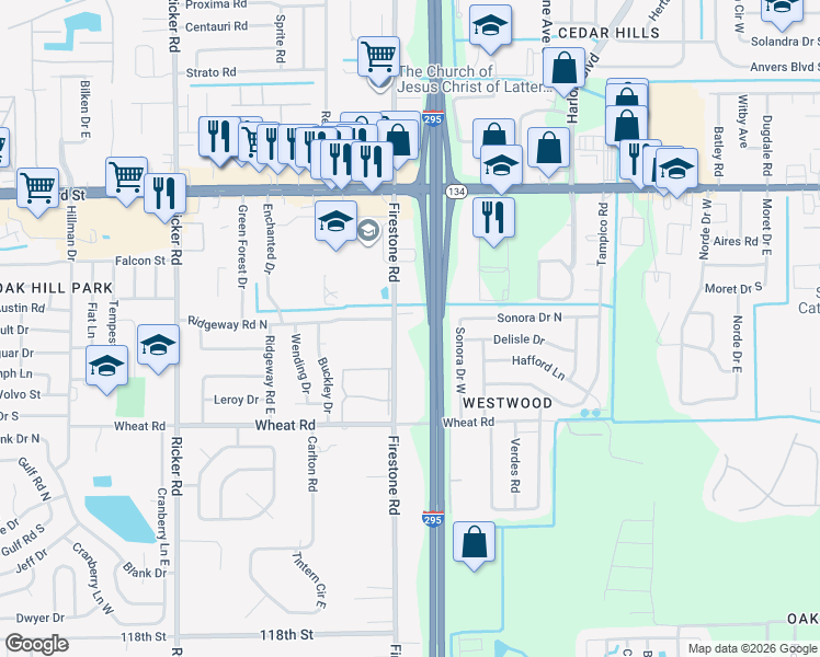 map of restaurants, bars, coffee shops, grocery stores, and more near 5767 Firestone Road in Jacksonville