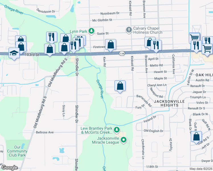 map of restaurants, bars, coffee shops, grocery stores, and more near 8572 Cheryl Ann Lane in Jacksonville