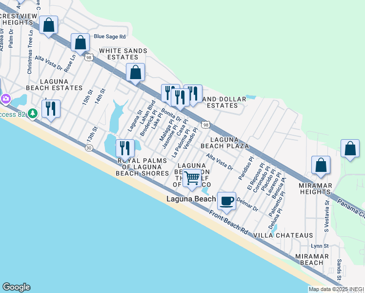 map of restaurants, bars, coffee shops, grocery stores, and more near 213 El Prado Place in Panama City Beach